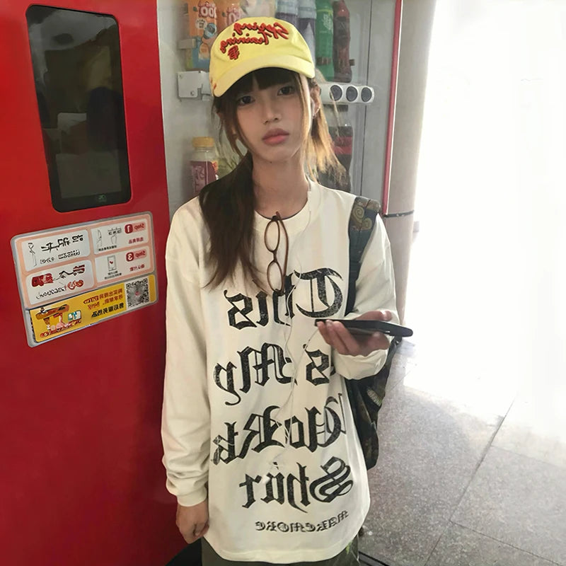 Cathy Dollette Japanese  Letter Print  2000s Style Long Sleeve T Shirt Vintage Harajuku White Loose TopAmerican Retro 90s