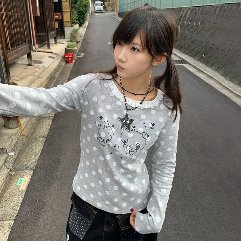 Cathy Dollette Japanese  Lace Patchwork TopVintage Harajuku Cartoon Print  2000s Kawaii Long Sleeve Polka Dot T Shirt Cute