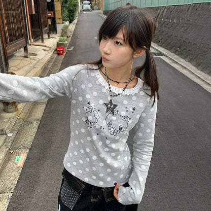 Cathy Dollette Japanese  Lace Patchwork TopVintage Harajuku Cartoon Print  2000s Kawaii Long Sleeve Polka Dot T Shirt Cute