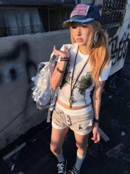 Cathy Dollette Korean Style Print T Shirt  Short Sleeve Slim  Vintage Tee Top 2000s Japanese Grunge TopE-girls