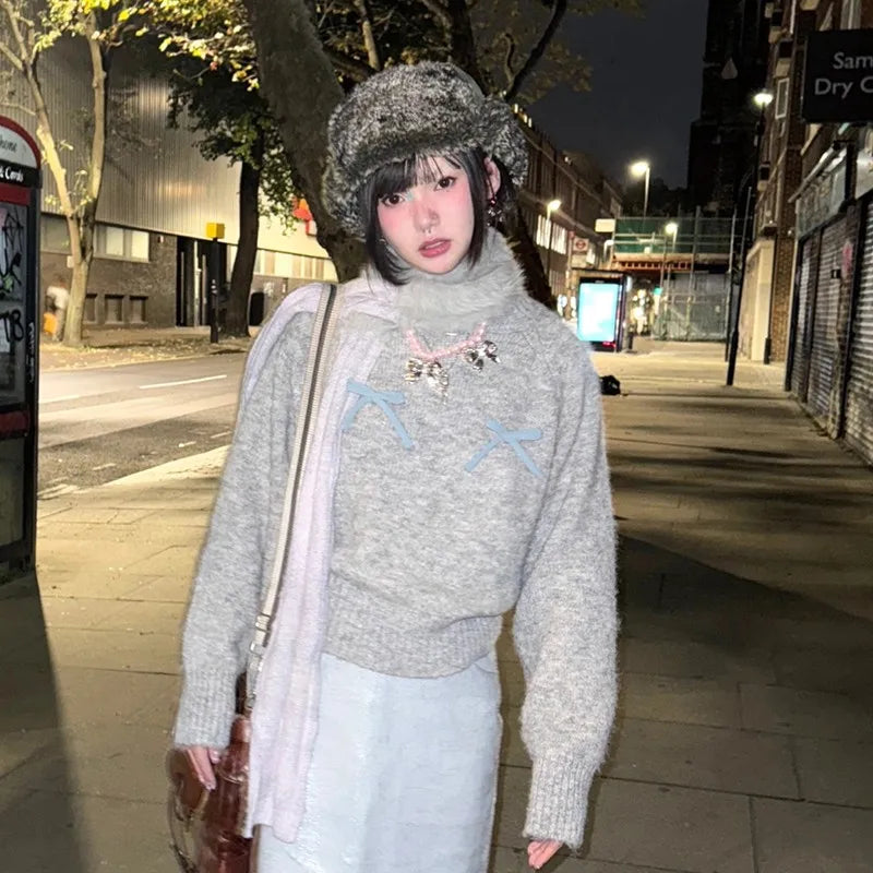 Cathy Dollette Japanese  Bow-knot Sweater Korean Style Gray Cropped Pullover Vintage Harajuku Knit Jumper 2000s s Knitwears