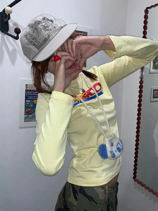 Cathy Dollette Hotsweet Yellow Graphic T Shirts Long Sleeve Spring Autumn TopCottton 2000s Clothes  Print Tees Female Clothing