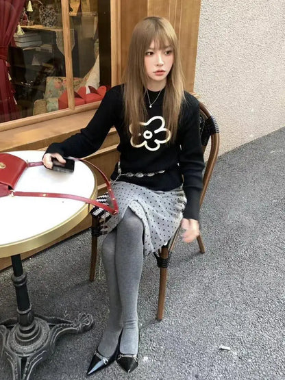 Cathy Dollette Floral Graphic T Shirts Woman Long Sleeve Black Streetwear Tees Female Clothing Autumn Top2000s Clothes  Chic