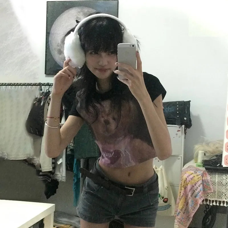Cathy Dollette Japanese  Crop Top 2000s s Bear Print Short Sleeve  Vintage Harajuku Lace Patchwork Tee Shirt Lolita