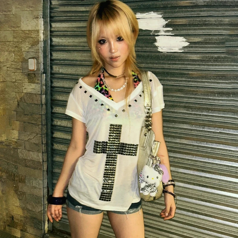 Cathy Dollette Japanese  Metal Cross Print  Vintage Harajuku Short Sleeve Sheer TopTrashy 2000s V-neck Streetwear Grunge