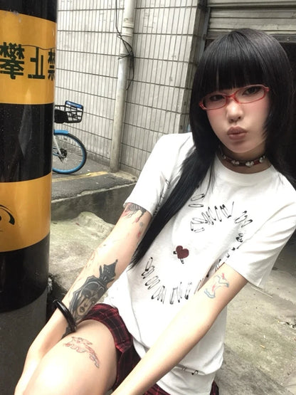 Cathy Dollette Gothic Retro T Shirt  Short Sleeve Print Graphic Top Grunge TopWhite Japanese 2000s Tshirt E-girls