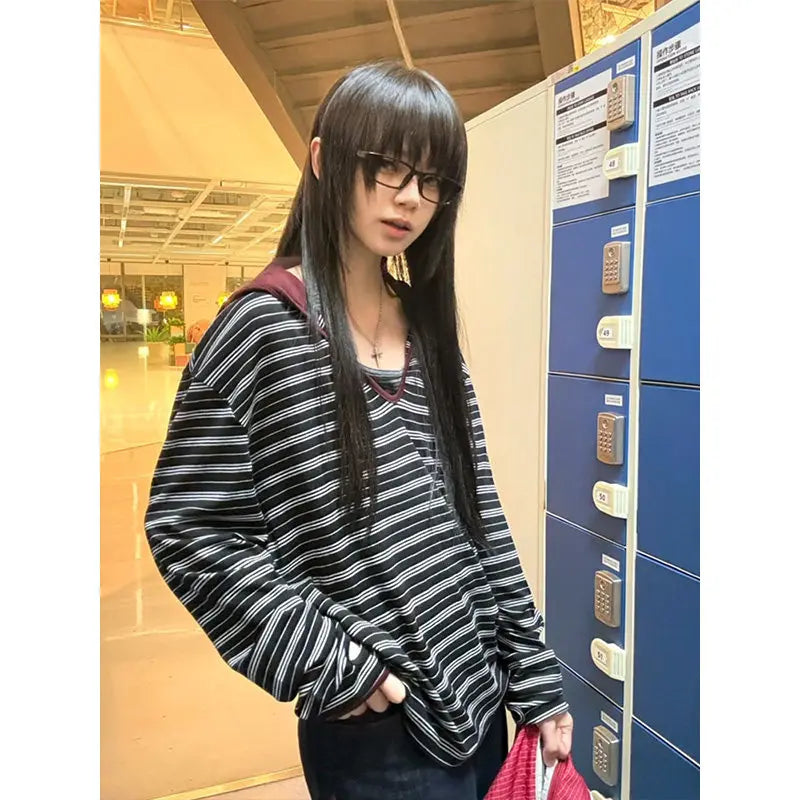 Cathy Dollette American Retro Striped   Casual Loose Hooded Tee TopV-neck  Grunge TopJapanese 2000s Tops