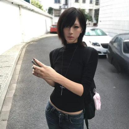 Cathy Dollette  Japanese   Long Sleeve Black Half Turtleneck Tee TopVintage Classic Style Slim Basic Top
