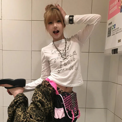 Cathy Dollette Japanese  Letter Print  Trashy 2000s Style Long Sleeve T Shirt Vintage Harajuku Distressed TopAmerican Retro