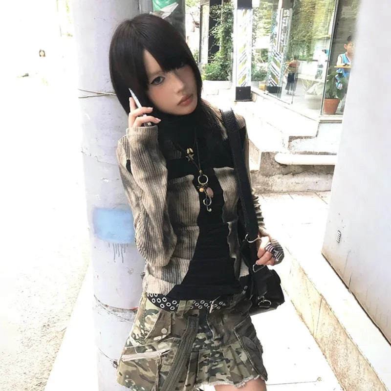 Cathy Dollette Japanese  Ribbed TopVintage Harajuku Cross Print  Grunge s Long Sleeve Patchwork TopTrashy 2000s