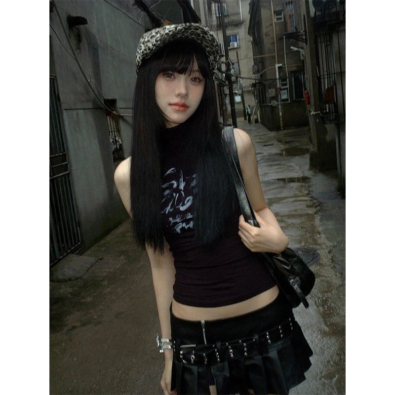 Cathy Dollette  Vintage Tank Top Sleeveless Print Graphic Top 2000s Japanese Black Grunge TopE-girls Summer