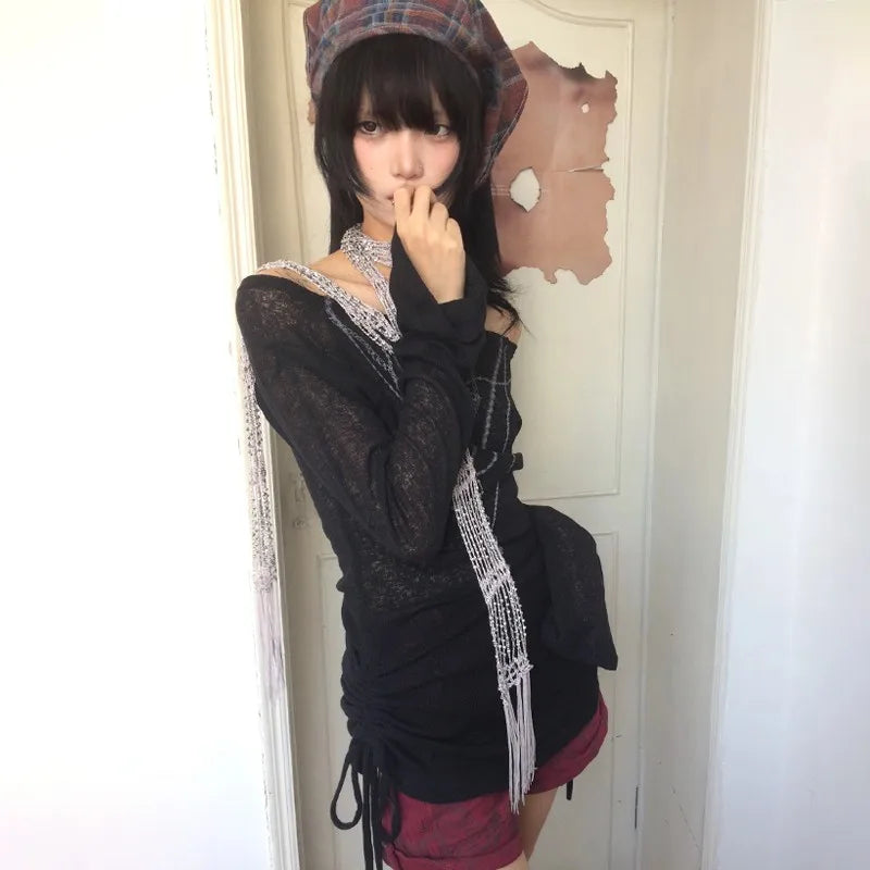Cathy Dollette Japanese  Knitted TopGrunge Tattoo Print Long Sleeve  Ribbed Vintage Harajuku Shirring Knitwear 2000s Gothic