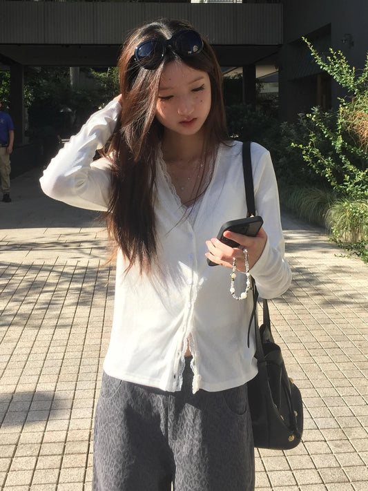 Cathy Dollette  Japanese   Long Sleeve Lace Patchwork Vintage Crop Top Korean Style Tshirts E-girls Tops