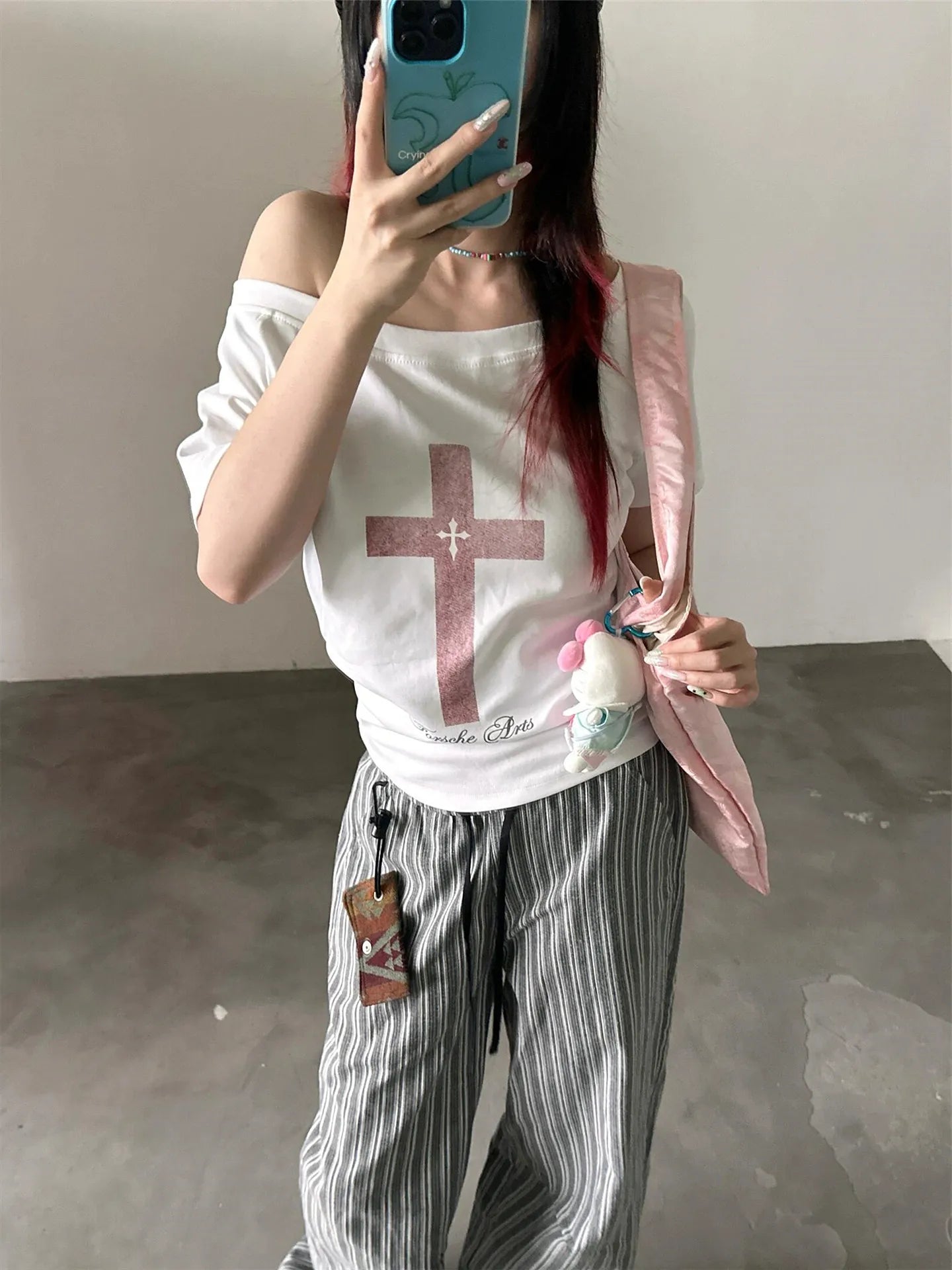 Cathy Dollette Korean Style Print   Short Sleeve Off Shoulder  Vintage TopJapanese 2000s Graphic TopTee Streetwear