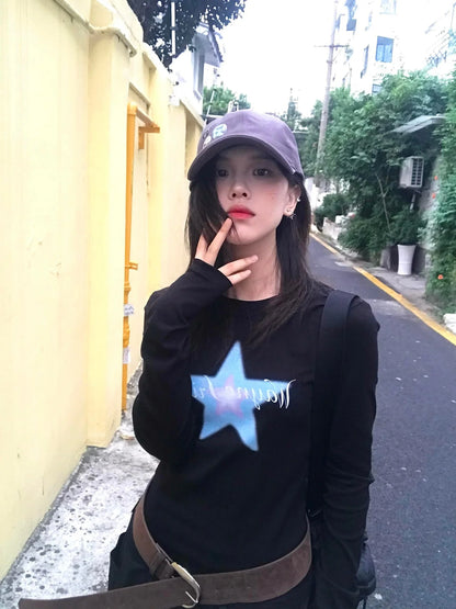 Cathy Dollette Harajuku Print Graphic Top Long Sleeve Black  Streetwear  Japanese Grunge TopAmerican Retro