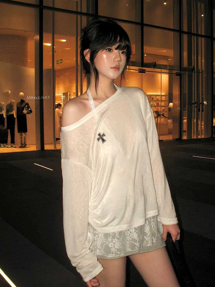 Cathy Dollette Korean Style T Shirt  Off Shoulder White Loose Shirring Tee TopSee Through  Japanses Print Tshirts Fairycore