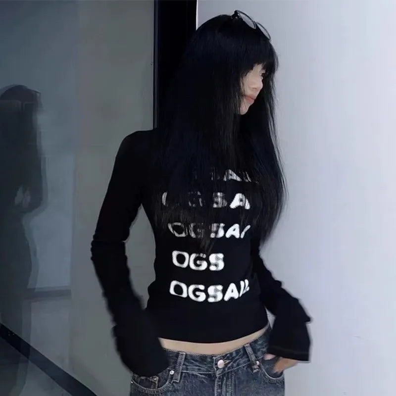 Cathy Dollette Vintage Print Graphic TopBlack Skinny Letter T Shirt   American Retro 90s Crop Top Fashion Tees