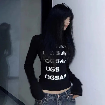 Cathy Dollette Vintage Print Graphic TopBlack Skinny Letter T Shirt   American Retro 90s Crop Top Fashion Tees