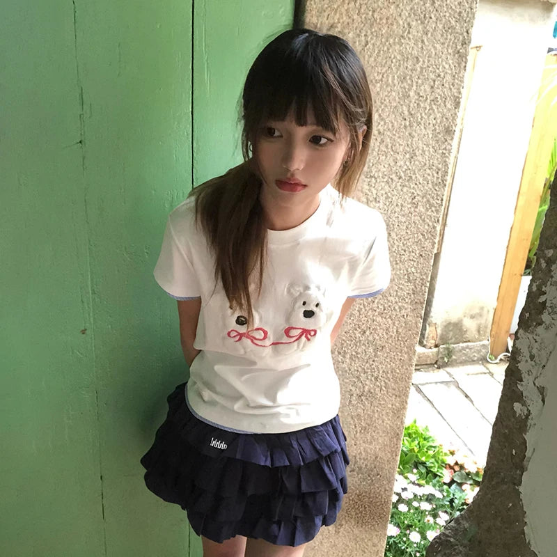 Cathy Dollette Japanese  Puppy Embroidery  Kawaii 2000s Style Fake Two-piece TopVintage Harajuku Short Sleeve Tee Shirt 90s