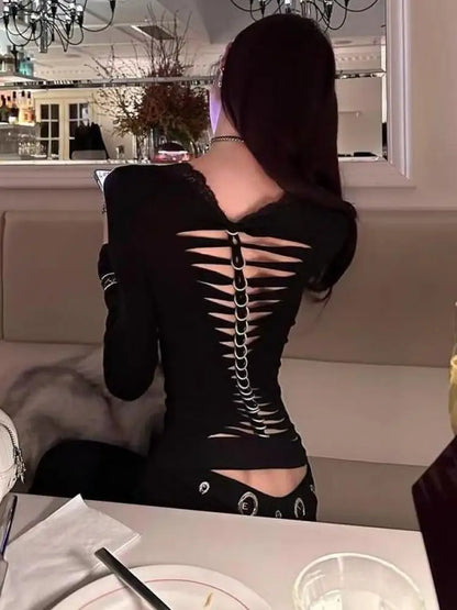 Cathy Dollette Black Sexy Back Hollow Out 's  Goth Long Sleeve Slim 2000s Clothes  Tees Female Clothing Autumn TopChic
