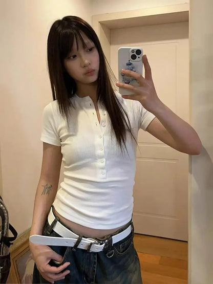 Cathy Dollette Hotsweet Solid T Shirt  Clothes Buttton Short Sleeve Slim Summer TopKorean Fashion 2000s Clothes  Tees Female
