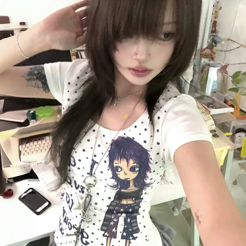 Cathy Dollette Japanese  Anime Print  2000s Style Polka Dots T Shirt Vintage Harajuku Short Sleeve Tee Shirt American Retro