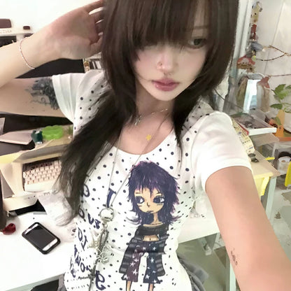 Cathy Dollette Japanese  Anime Print  2000s Style Polka Dots T Shirt Vintage Harajuku Short Sleeve Tee Shirt American Retro