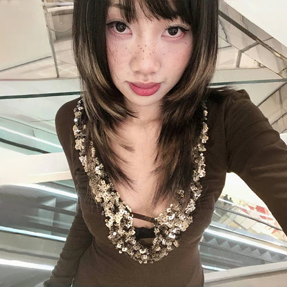 Cathy Dollette Japanese  V-neck Sequin TopTrashy 2000s Style Sxey Long Sleeve  Vintage Harajuku Slim TopAmerican Retro