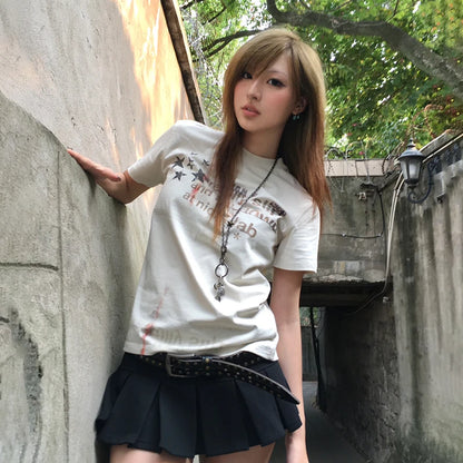 Cathy Dollette Japanese  Letter Print  Trashy 2000s Style Short Sleeve T Shirt Vintage Harajuku Distressed Top American Retro