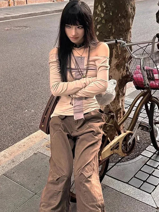 Cathy Dollette 's  2000s Clothes  Tees Female Long Sleeve Off Shoulder Korean Fashion Skinny Hotsweet Autumn TopSlim