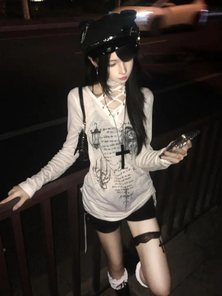 Cathy Dollette Chic Print Graphic T Shirts Woman Lace Up Youthful 2000s Clothes  Long Sleeve Tees Female Clothing  Spring Top