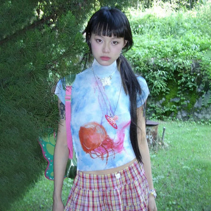 Cathy Dollette Japanese  Crop Top 2000s s Graphic T Shirts Vintage Harajuku Short Sleeve  Grunge Tie-dye Slim Tops