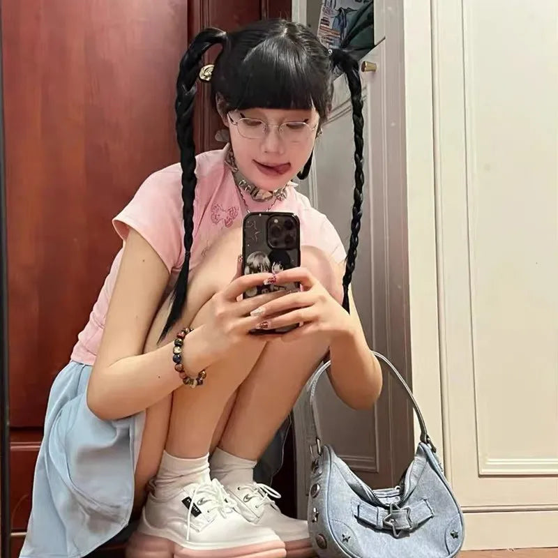 Cathy Dollette Korean Style Cotton T Shirt  Short Sleeve Butterfly  Vintage Top 2000s Pink Skinny Tshirts Summer