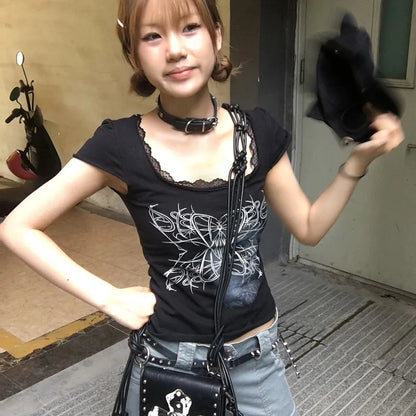 Cathy Dollette Trashy  TopJapanese 2000s Lace Short Sleeve  Vintage Harajuku Black Crop Top Gothic Grunge s Tees