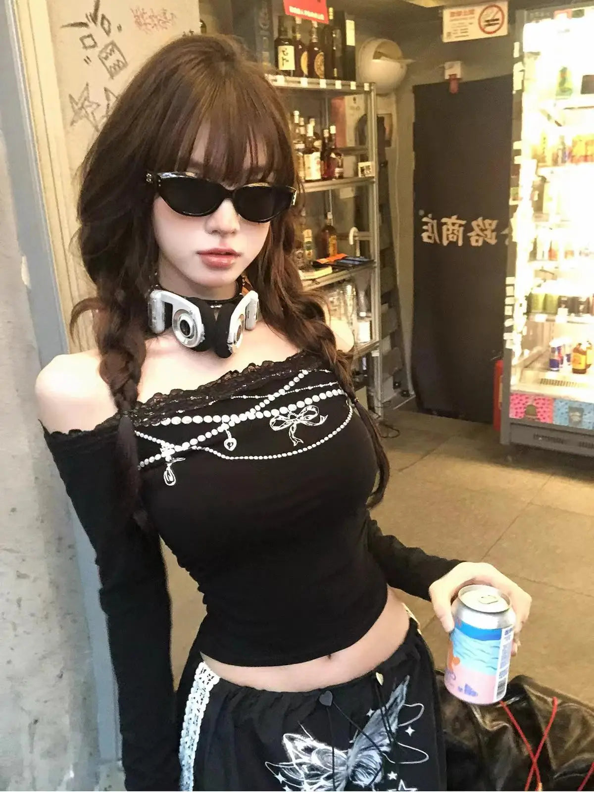 Cathy Dollette Vintage Print T Shirt  Skinny Long Sleeve Graphic Top  Aesthethic Crop TopOff Shoulder Tshirts