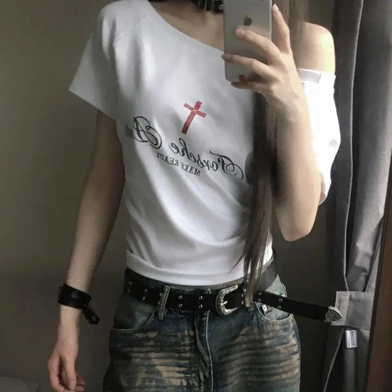 Cathy Dollette Gothic Off Shoulder Cross Graphic T Shirts 2000s Clothes  Short SLeeve Tees Female Clothing Goth Summer Top