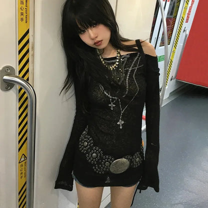 Cathy Dollette Japanese  Knitted TopGrunge Tattoo Print Long Sleeve  Ribbed Vintage Harajuku Shirring Knitwear 2000s Gothic