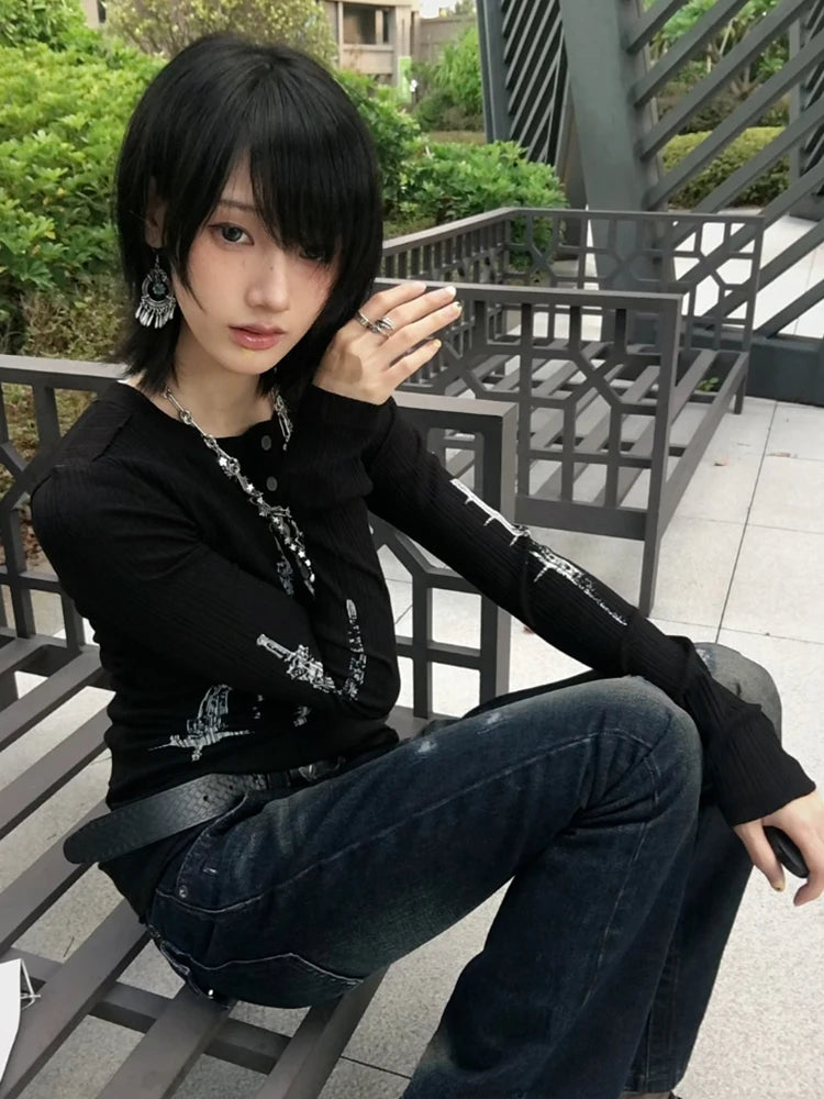 Cathy Dollette Gothic Print Graphic TopButton Slim    Japanese 2000s Grunge TopE-girls Punk Style Tshirts Black
