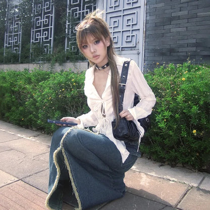 Cathy Dollette  s Pleated Shirt Fairycore Lace Up Blouse Trashy 2000s Style V-neck Shirt Irregular Japanese Harajuku 90s