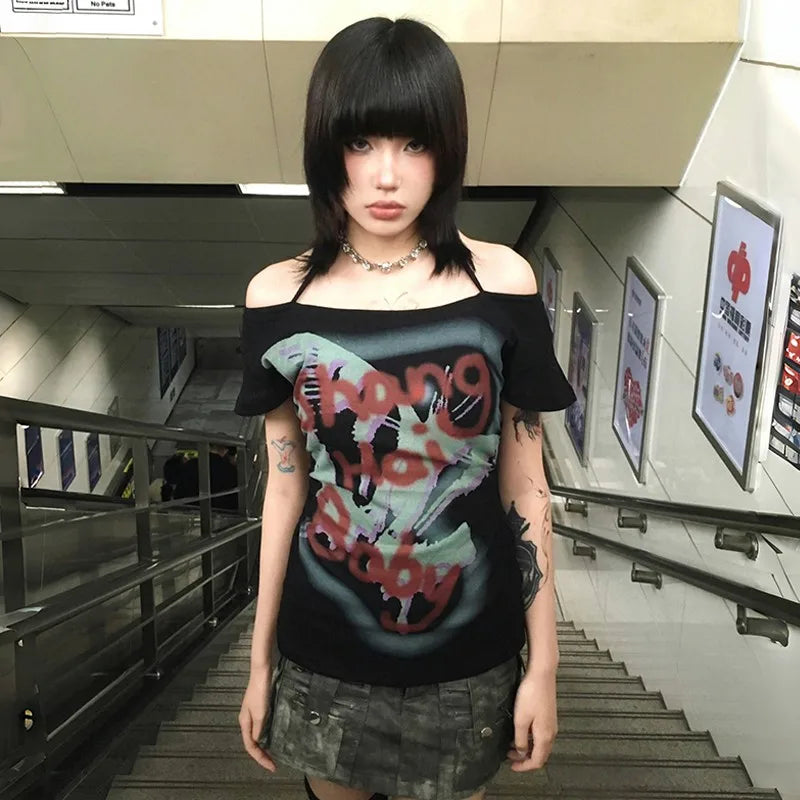 Cathy Dollette Japanese  Graffiti Print  Trashy 2000s Style Off Shoulder TopVintage Harajuku Short Sleeve Halter Tshirt 90s