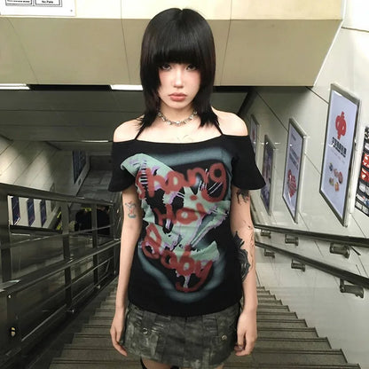 Cathy Dollette Japanese  Graffiti Print  Trashy 2000s Style Off Shoulder TopVintage Harajuku Short Sleeve Halter Tshirt 90s