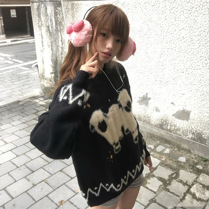 Cathy Dollette Japanese  Lambs Jacquard Sweater Vintage Harajuku Black Knitted Pullover Korean 2000s Style Knitwear American Retro