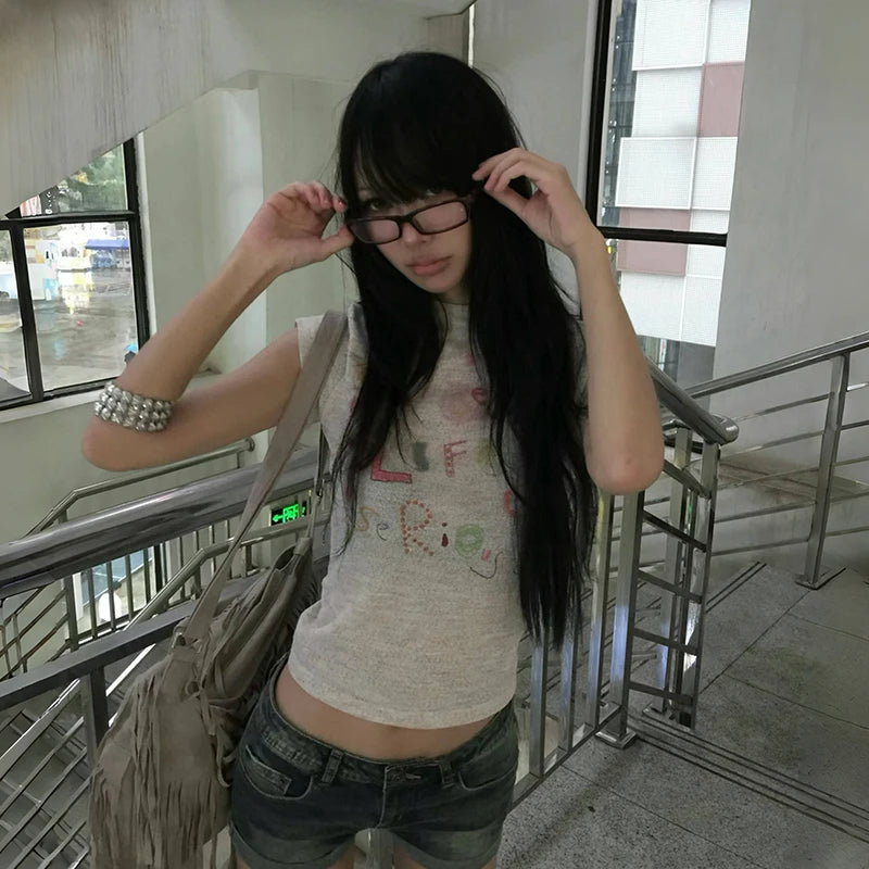 Cathy Dollette Japanese  Letter Print Knitted  Vintage Harajuku Crop Top 2000s Style Short Sleeve Tee Shirt American Retro