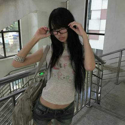 Cathy Dollette Japanese  Letter Print Knitted  Vintage Harajuku Crop Top 2000s Style Short Sleeve Tee Shirt American Retro