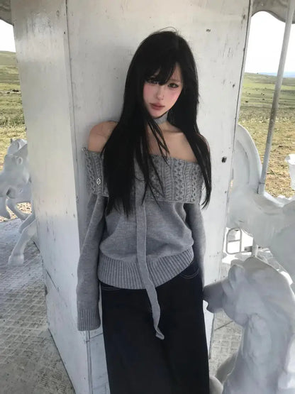 Cathy Dollette Hotsweet Off Shoulder Knitwear Sweater  Long Sleeve Autumn Winter Pullovers Korean Fashion Female Jumpers  Chic