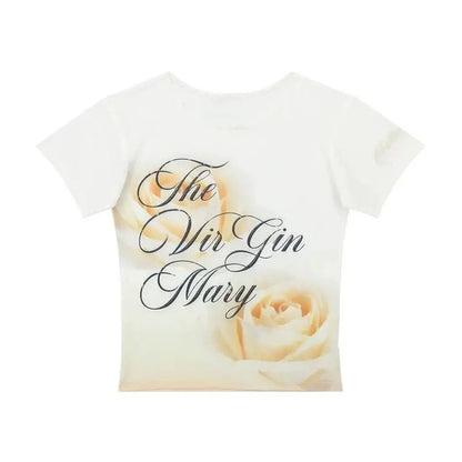 Cathy Dollette Vintage Print Mesh Short Sleeve Skinny See Through Crop Top Retro Tshirts Streetwear 2000s Japanese Tee Tops