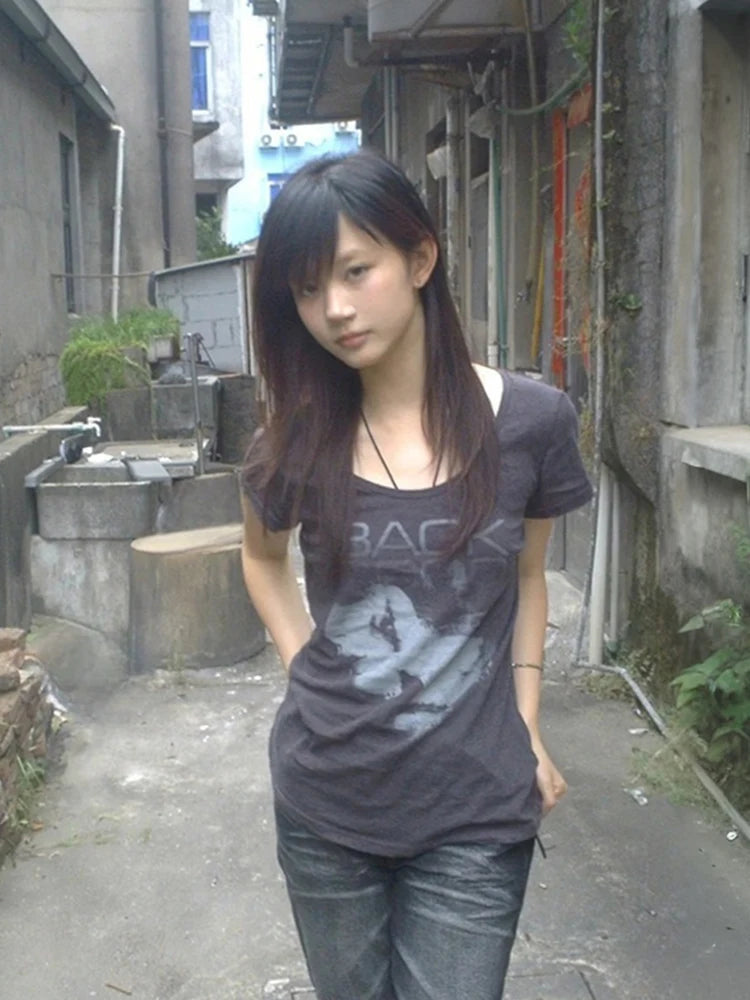 Cathy Dollette Japanses    Short Sleeve Print Graphic TopElastic American Retro Grunge Top 2000s Tshirts