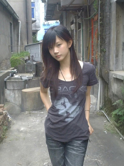 Cathy Dollette Japanses    Short Sleeve Print Graphic TopElastic American Retro Grunge Top 2000s Tshirts