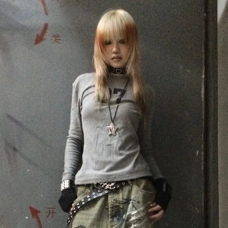 Cathy Dollette Trashy  Number Print  Grunge s Gray Patchwork TopGothic Vintage Punk Long Sleeve Tee Shirt American