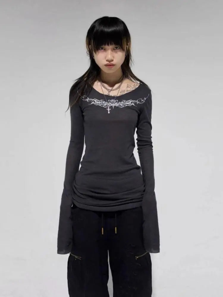 Cathy Dollette Gothic Graphic T Shirts  Long Sleeve Korean Fashion 2000s Clothes  Slim Spring Autumn TopTees Female Clothing